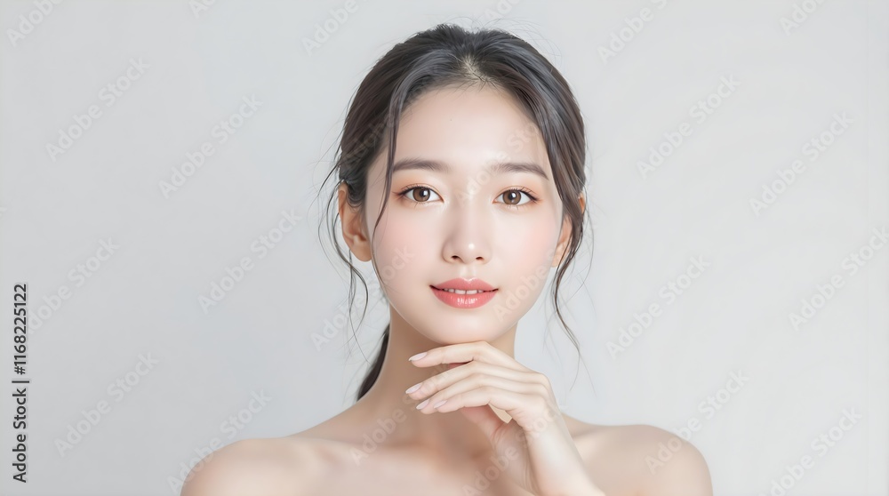 Young Asian Woman with Flawless Glass Skin, Beauty Portrait, Skincare Model, Clean Makeup, Healthy Glow, Natural Looking, Studio Shot, Perfect Complexion, Light Background Young Asian Woman with Flawless Glass Skin, Beauty Portrait, Skincare Model, Clean Makeup, Healthy Glow, Natural Looking, Studio Shot, Perfect Complexion, Light Background