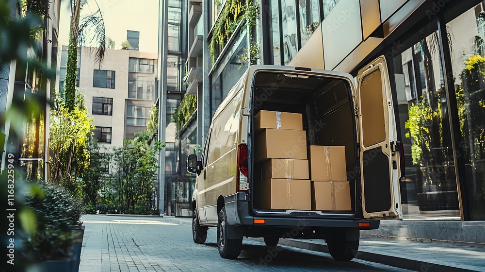 Delivery truck parked in front of a large store, symbolizing efficient logistics and seamless supply chain operations in modern commerce Delivery truck parked in front of a large store, symbolizing efficient logistics and seamless supply chain operations in modern commerce