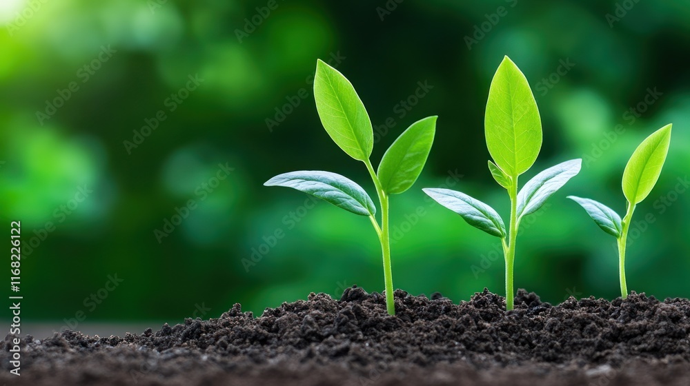 Naklejka premium Green seedlings emerging from rich soil, symbolizing growth.