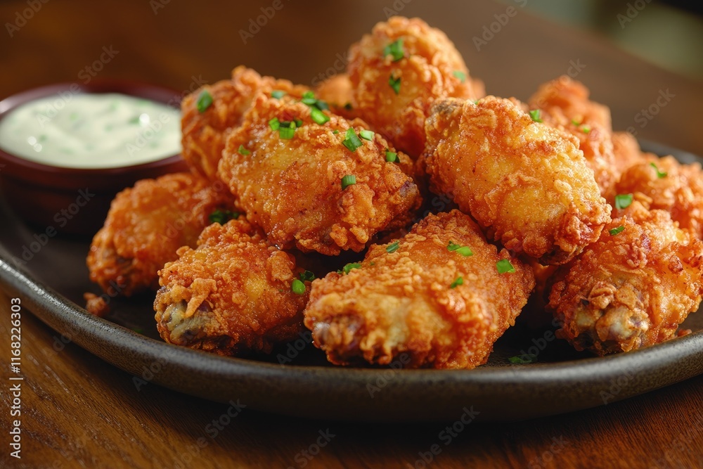 Delicious glazed chicken wings with ranch dressing on a plate Delicious glazed chicken wings with ranch dressing on a plate