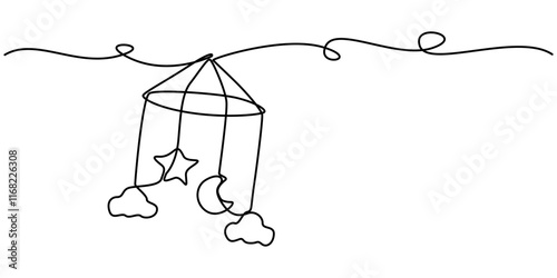 One line continuous of baby hanging toys. Minimalist style vector illustration in white background, Children s toys over the crib, mobile one line art. Continuous line drawing of childhood, safety. 