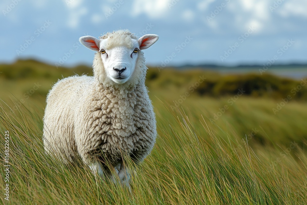 Fluffy white sheep stands in tall grass. Image depicts serene nature, ideal for farm, rural, or nature themes. Fluffy white sheep stands in tall grass. Image depicts serene nature, ideal for farm, rural, or nature themes.