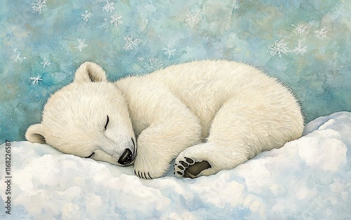 Adorable polar bear cub sleeping peacefully on a snowdrift amidst falling snowflakes.