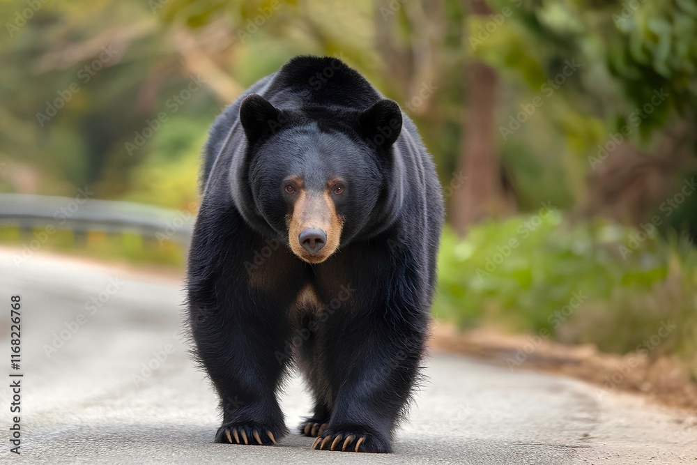 Fototapeta premium A black bear is walking on the road with a jungle background