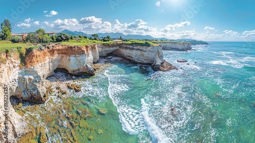 Coastal cliffs and waves mediterranean sea scenic photography daylight aerial view tranquility