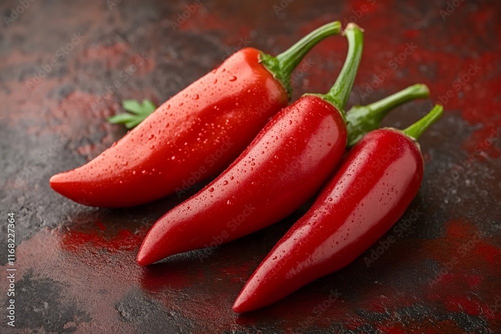 Fresh red chili peppers with water droplets on dark background Fresh red chili peppers with water droplets on dark background