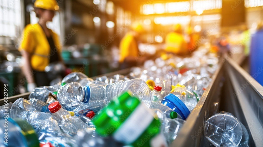 Workers Separating Recycled Plastic Bottles at a Waste Management Facility Workers Separating Recycled Plastic Bottles at a Waste Management Facility
