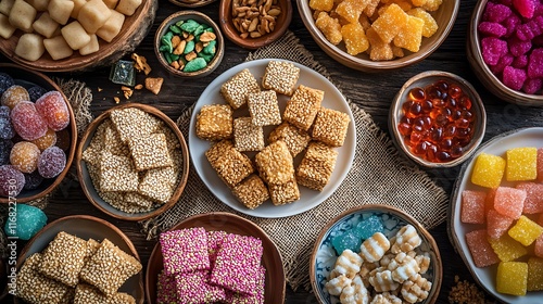 A vibrant, photorealistic display of colorful Indian sweets and snacks in a circular composition, featuring yellow laddoos, pink and green confections, golden fried snacks, and festive desserts photo