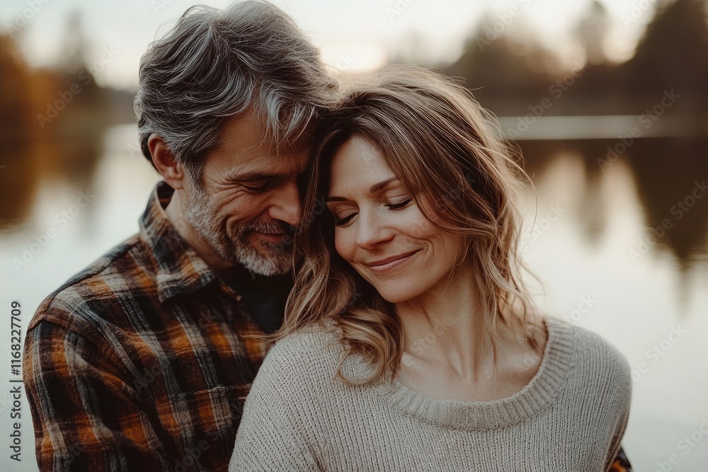 Fototapeta premium Happy mature couple embracing by the lake at sunset