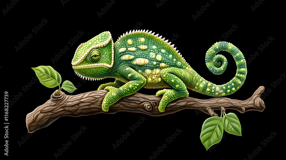 Obraz premium Green chameleon perched on branch, tropical rainforest background, wildlife illustration for nature documentaries or educational materials.