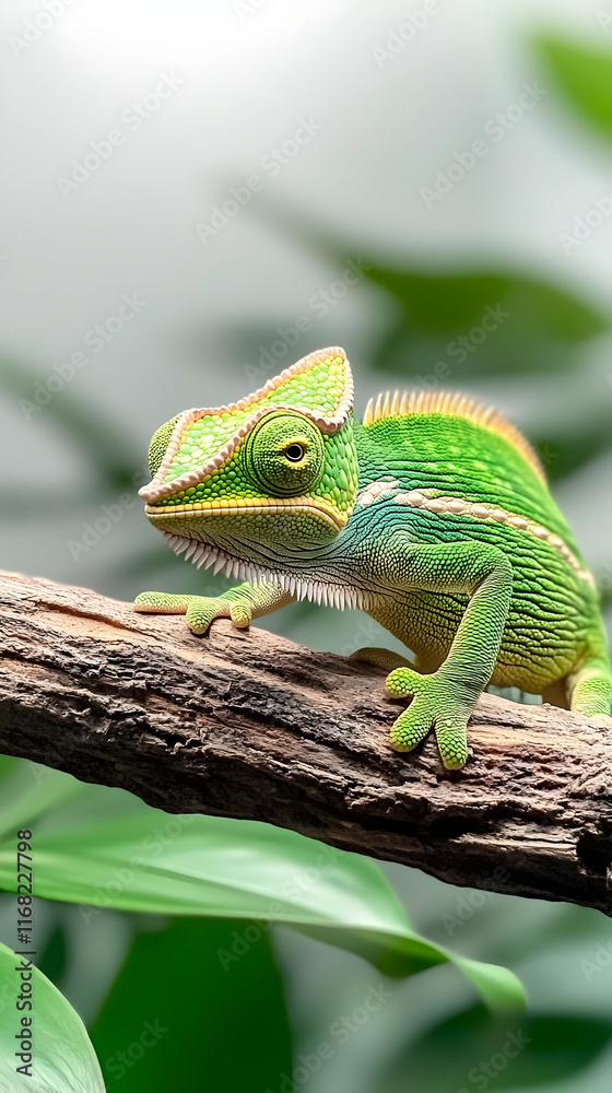 Green chameleon perched on a branch amidst lush foliage, showcasing its vibrant color and unique features; ideal for nature documentaries or educational materials.