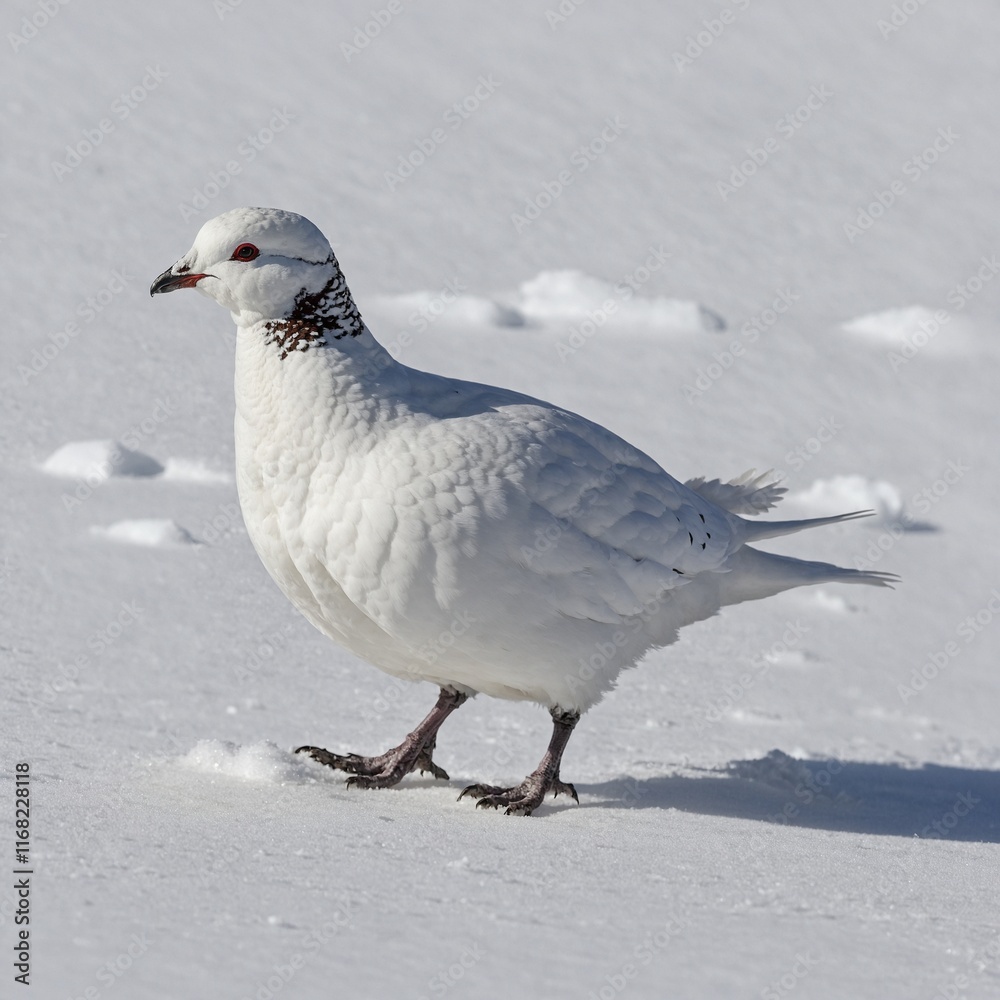 A ptarmigan walking gracefully on snow, leaving tiny footprints behind, with a white background. A ptarmigan walking gracefully on snow, leaving tiny footprints behind, with a white background.