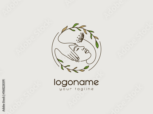 Beauty Leaf Feminine Woman Face logo, beauty care massage logo design template