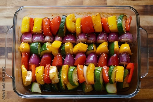 Colorful vegetable skewers marinating in glass baking dish photo