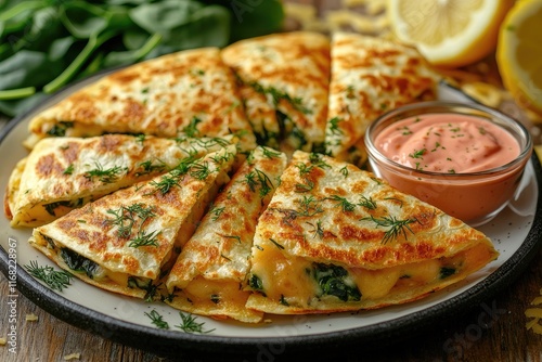 Wallpaper Mural Delicious spinach and cheese quesadillas garnished with fresh dill and served with dipping sauce Torontodigital.ca