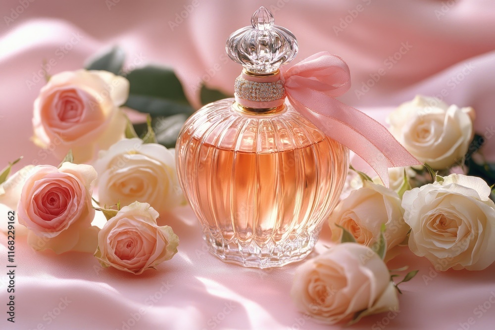 Elegant perfume bottle resting on pink satin with roses Elegant perfume bottle resting on pink satin with roses