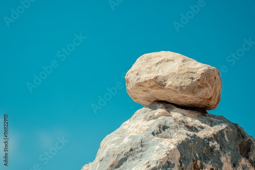 Single rock perched atop larger rock against vibrant blue sky. photo