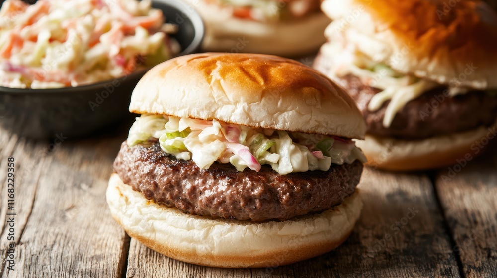 Delicious beef burger with coleslaw rustic kitchen food photography close-up culinary delight