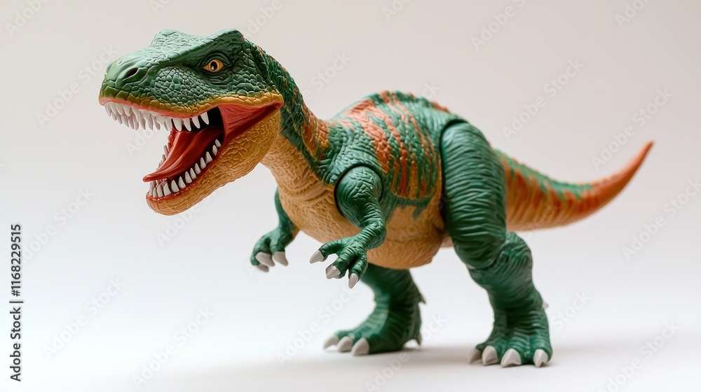 Fototapeta premium Green and orange Tyrannosaurus Rex dinosaur toy model