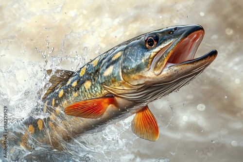 Brook trout jumping out of fresh water with open mouth photo