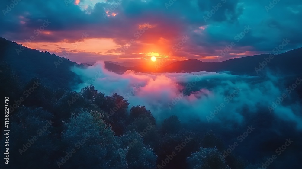 Naklejka premium Aerial sunset view of Blue Ridge Mountains with clouds floating at eye level 