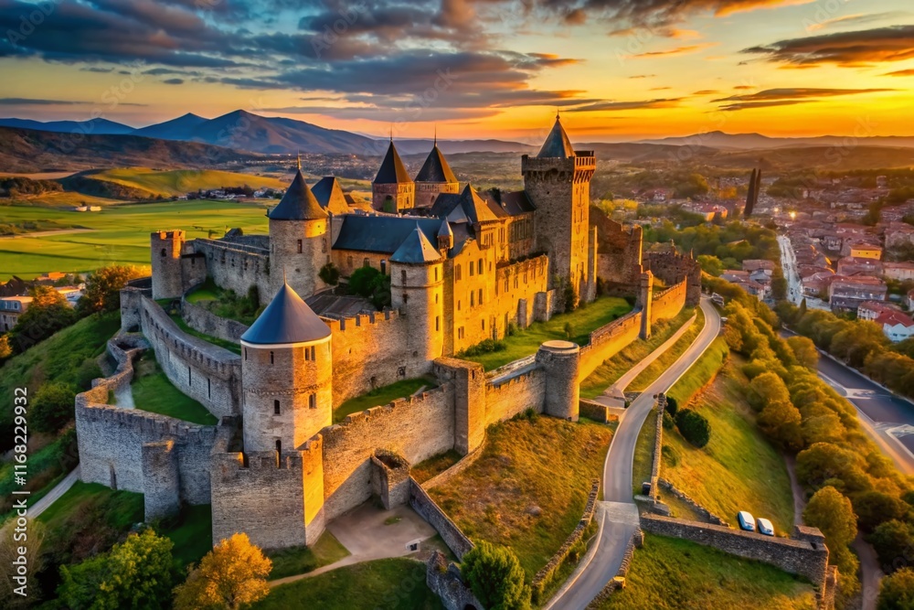 Fototapeta premium Aerial View of Medieval Castle in Carcassonne, Scotland - Drone Photography