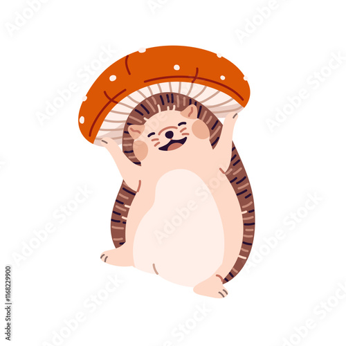 Happy baby hedgehog carries autumn forest mushroom, has fun. Cute prickly animal holds spotted red cap of fly agaric, amanita above head, smiles. Flat isolated vector illustration on white background