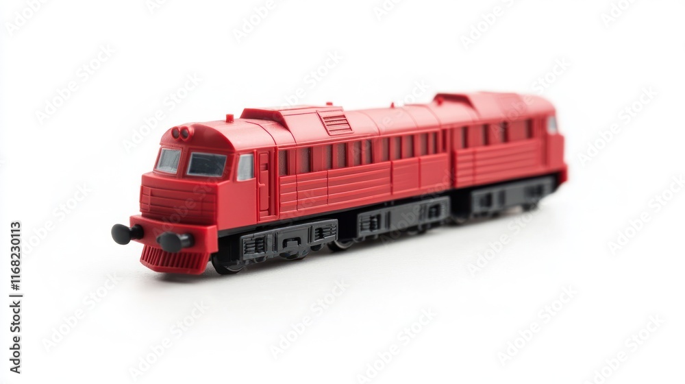 A bright red toy train model designed for play and display. A bright red toy train model designed for play and display.