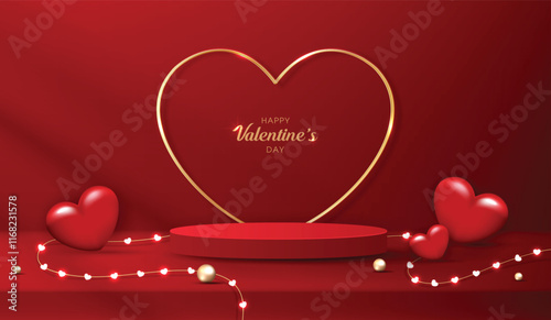 Happy valentines day and stage podium decorated with heart shape. pedestal scene with for product, cosmetic, advertising, show, award ceremony, on pink background and light. vector design.