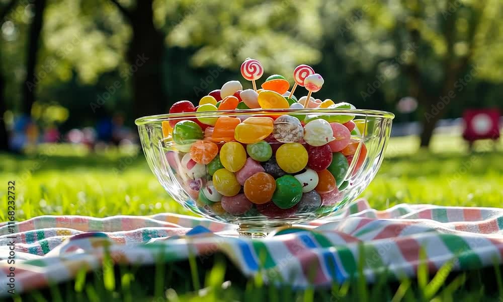 Sweet Treats in the Park: A Colorful Candy Bowl on a Sunny Day