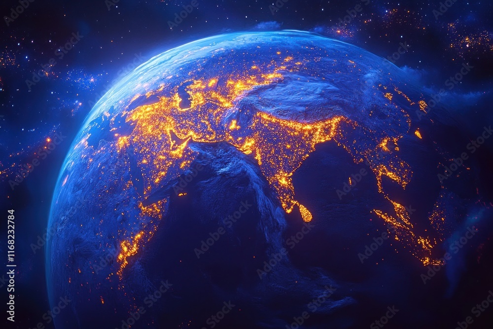 Obraz premium Earth from Space Satellite View Night Lights Africa Middle East Asia Digital Map
