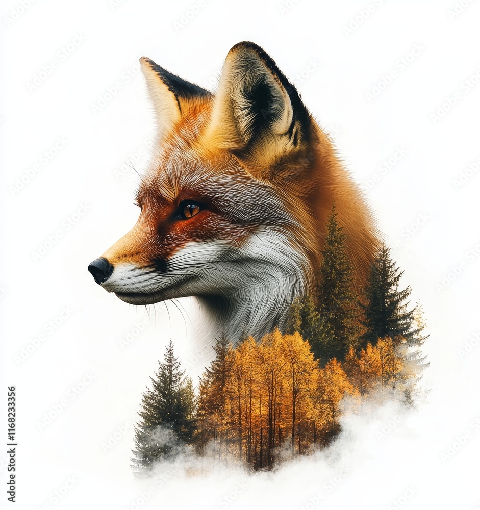 Fototapeta premium Double Exposure with Fox and Forest on White Background, Generative AI