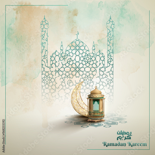 Islamic Ramadan greeting card with lantern and crescent moon ornaments. luxurious Islamic decorative mosque ornament background