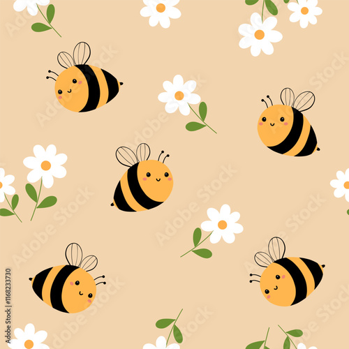 Seamless pattern with cute bee and flower on light orange background for your fabric, children textile, apparel, nursery decoration, gift wrap paper, kids bedding. Vector illustration