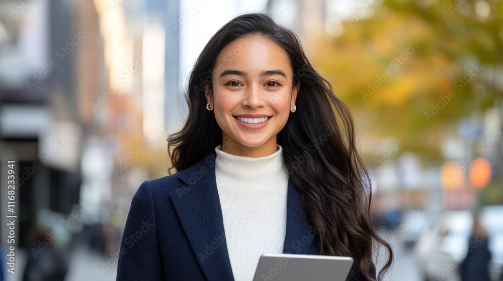Indonesian business woman in suit smiling holding tablet at city with skyscrapers Indonesian business woman in suit smiling holding tablet at city with skyscrapers