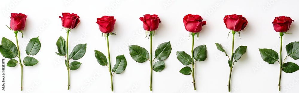 Fototapeta premium Seven red roses in a row on white background.