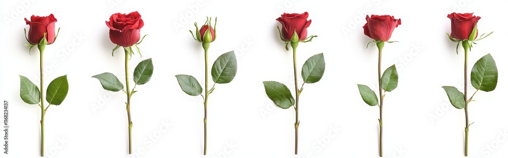 Fototapeta premium Six stages of red rose growth on white background.