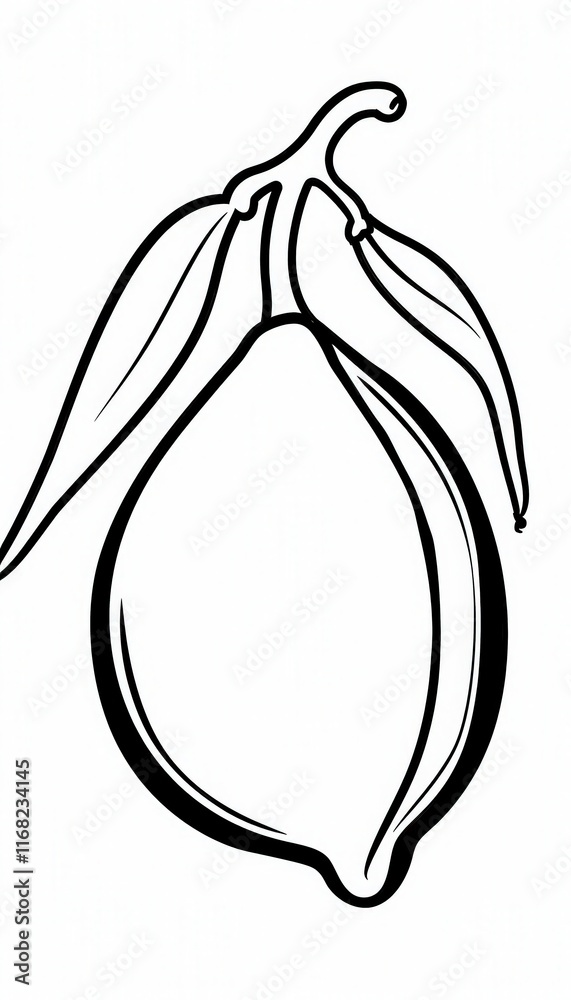 A stylized black and white line drawing of a lemon with leaves attached. Suitable for coloring pages, educational resources, or simple design elements. A stylized black and white line drawing of a lemon with leaves attached. Suitable for coloring pages, educational resources, or simple design elements.
