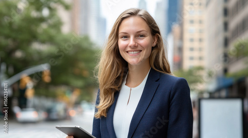 German business woman in suit smiling holding tablet at city with skyscrapers