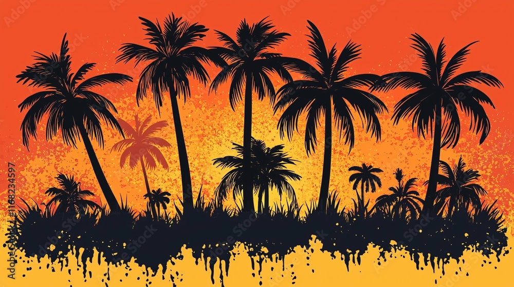 Obraz premium Silhouette of tropical palm trees set against a vivid sunset, ideal for summer travel themes and tropical decor.