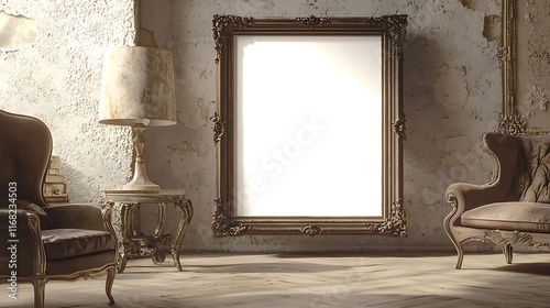 Elegant Antique Frame Mockup in Vintage Room Interior with Leather Furniture