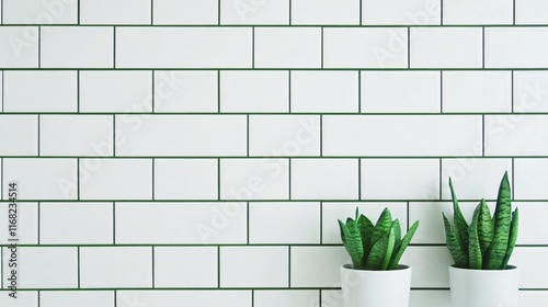 Modern Minimalist Interior with White Subway Tile and Green Indoor Plants