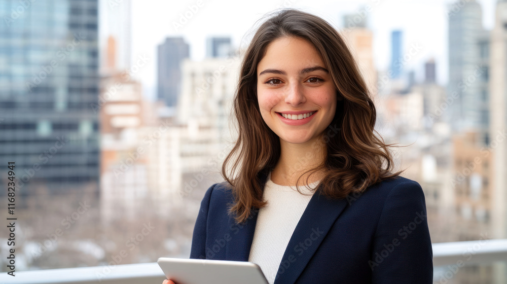 Canadian business woman in suit smiling holding tablet at city with skyscrapers Canadian business woman in suit smiling holding tablet at city with skyscrapers