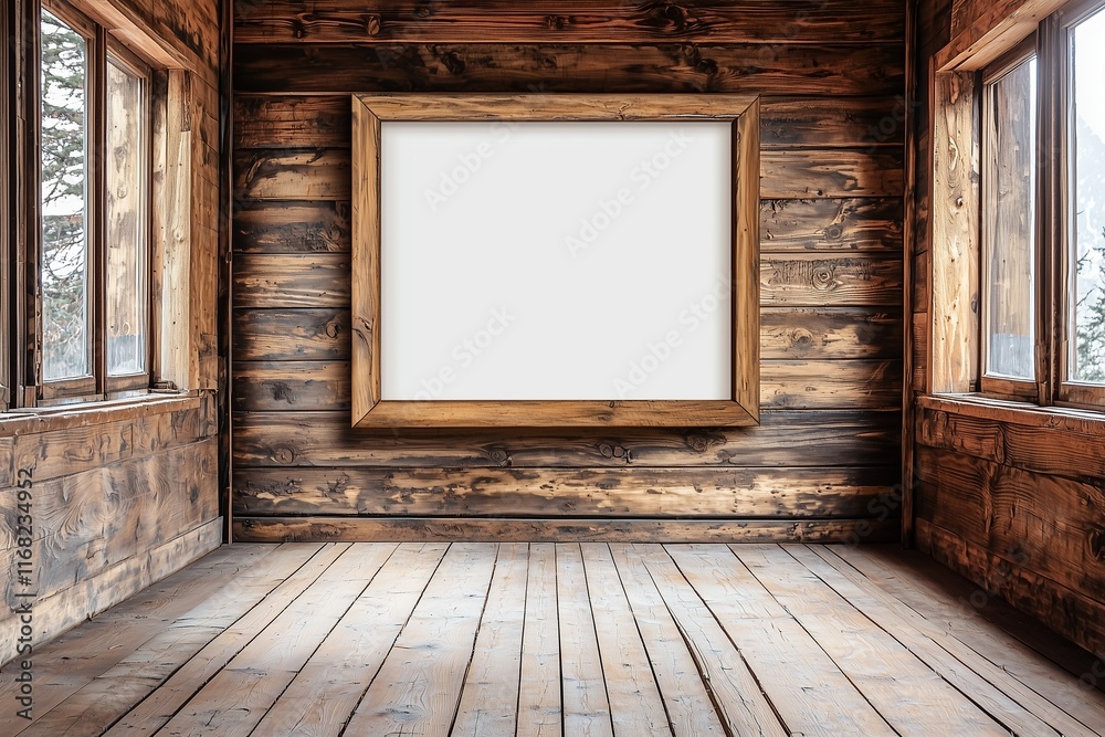 Clean mockup setting with blank frame, wooden walls and floors. Clean mockup setting with blank frame, wooden walls and floors.