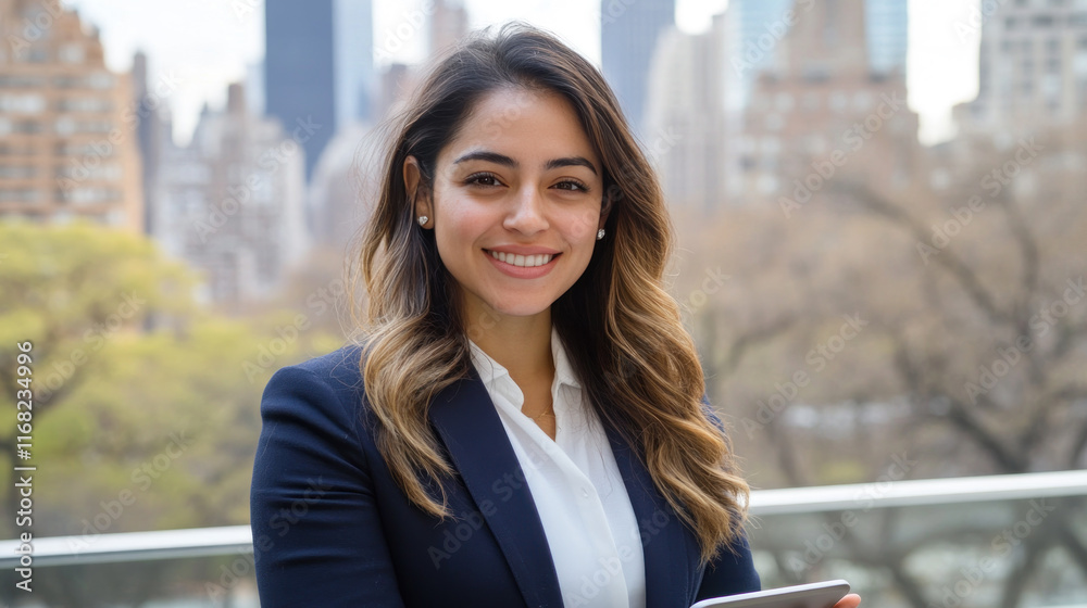 Hispanic business woman in suit smiling holding tablet at city with skyscrapers