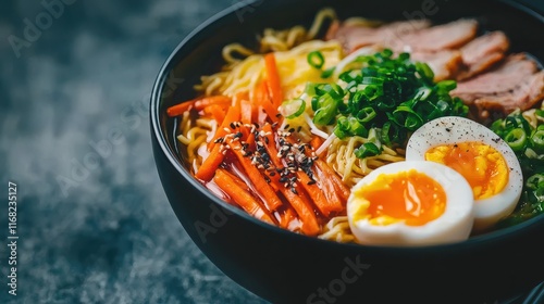 A delicious bowl of ramen featuring noodles, sliced meat, soft-boiled eggs, green onions, and vibrant vegetables, all garnished with sesame seeds. photo