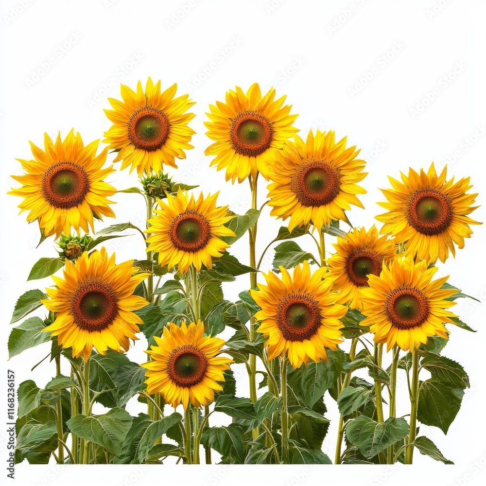 Fototapeta premium Vibrant Sunflowers in Full Bloom Against a White Background Highlighting Their Bright Yellow Petals and Green Leaves