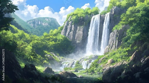 Majestic Waterfall Cascading Down Lush Green Mountainside