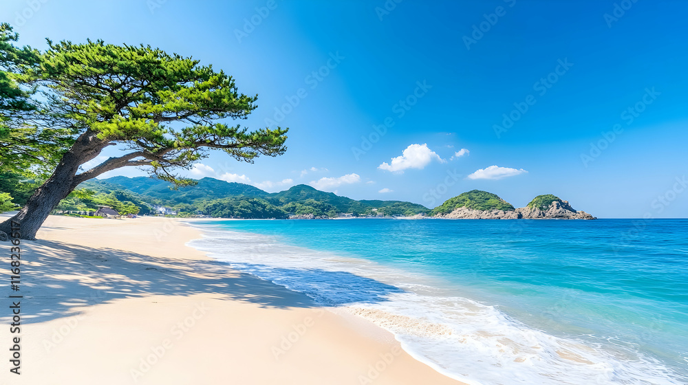 Serene beach scene, turquoise water, white sand, pine tree shade, sunny day, idyllic coastal landscape, perfect for travel brochures. Serene beach scene, turquoise water, white sand, pine tree shade, sunny day, idyllic coastal landscape, perfect for travel brochures.