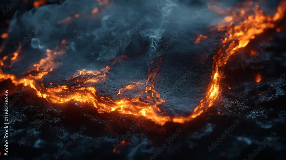 Molten lava flow with smoke and fire. Molten lava flow with smoke and fire.